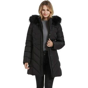 Women's Winter Warm Faux Fur Outwear Zipper Pockets Black Hooded Jacket Coat